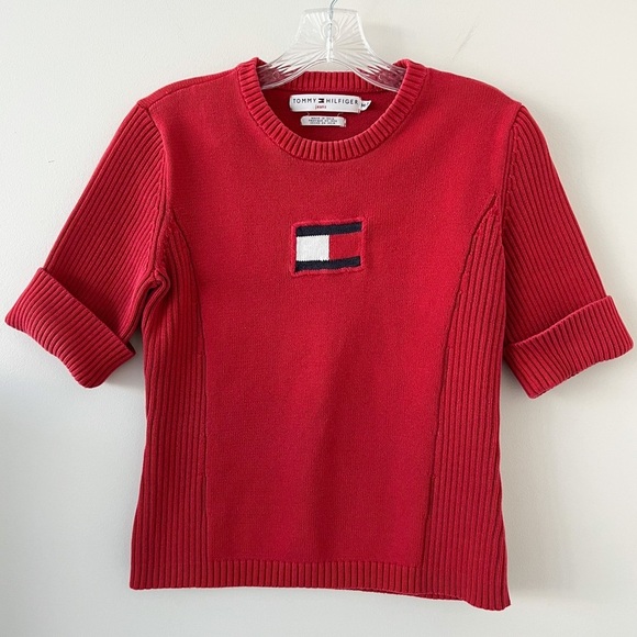 Vintage 2002 Tommy Hilfiger Red Flag Y2K Thick Knit Ribbed Top - Picture 2 of 6